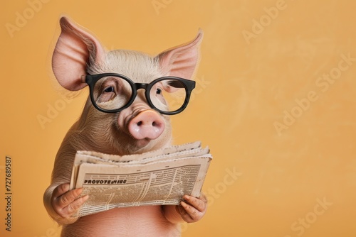 Pig with glasses reading newspaper. AI generative art
