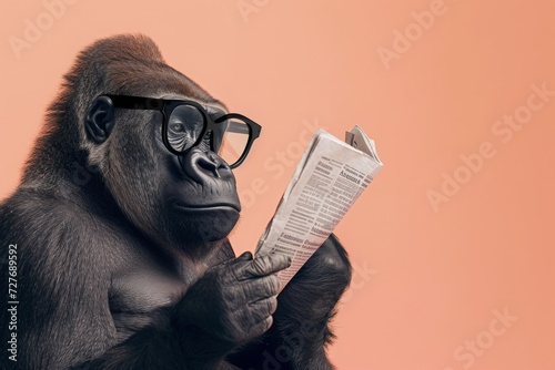 Gorilla with glasses reading newspaper. AI generative art