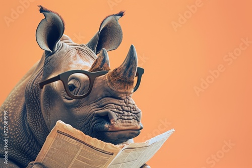 Rhino with glasses reading newspaper. AI generative art