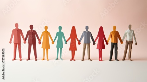 Team of paper doll people holding hands. Paper people of all colors photo