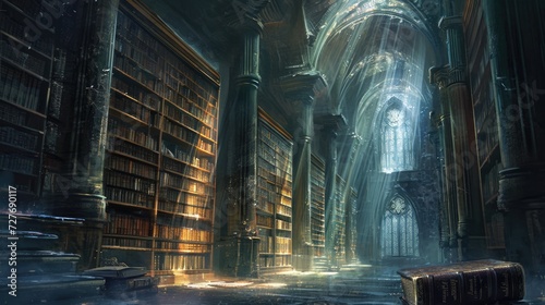 An ancient library filled with magical books, glowing orbs, and mystical artifacts. Shelves reach up to a high, vaulted ceiling, with soft light filtering through stained glass windows. Resplendent.