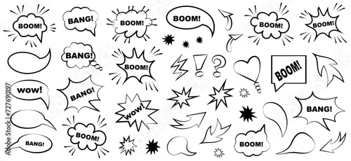 Cartoon retro comic style speech bubbles set. Hand drawn pop art  vintage speech clouds  thinking bubbles  and conversation text elements. Vector illustration