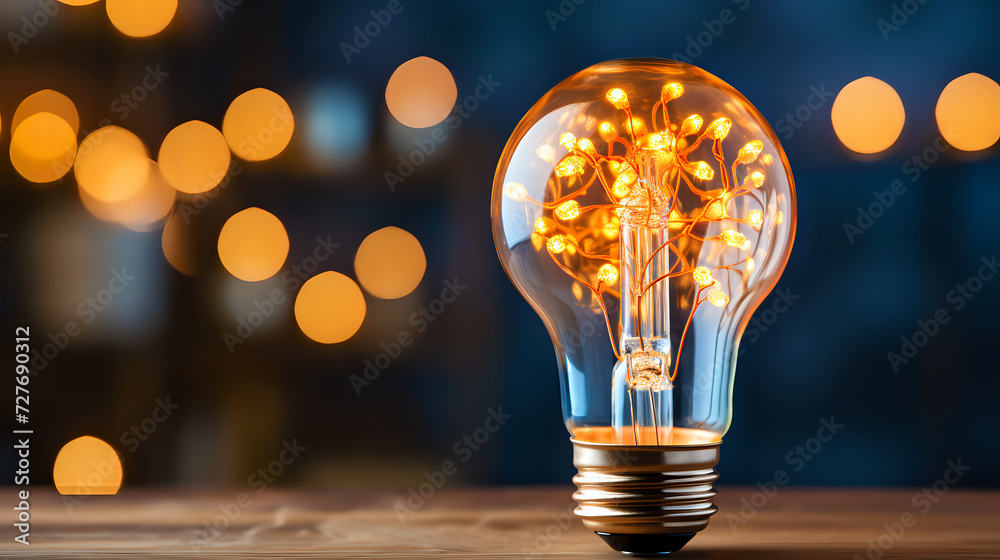 Illumination Essence: Lightbulb with Warm Bokeh. A captivating image of a classic lightbulb, its filament aglow with a warm light, set against a soft bokeh backdrop, perfect for themes Illumination Essence: Lightbulb with Warm Bokeh. A captivating image of a classic lightbulb, its filament aglow with a warm light, set against a soft bokeh backdrop, perfect for themes