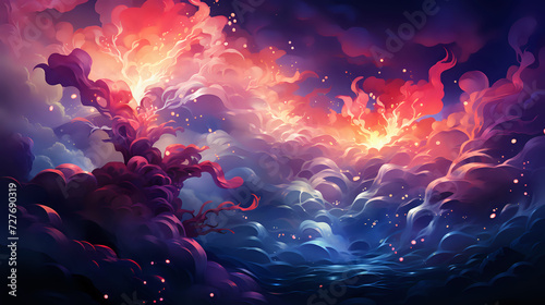 Mystic Flame: Ethereal Fire Art. A stunning digital illustration of a surreal, fiery eruption amidst clouds, capturing a magical scene that evokes imagination and fantasy.