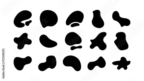 Abstract organic black fluid blobs irregular shapes set of collection for speech bubbles. Liquid shapes, round abstract elements. Simple blotch water forms. Vector illustration on white bg.
