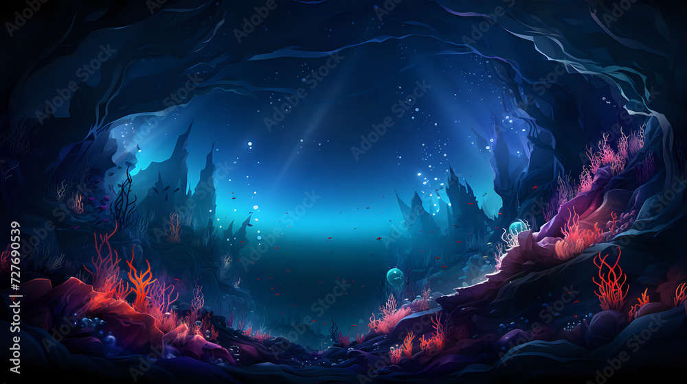 Mystical Underwater Cave with Bioluminescent Life A digital ...