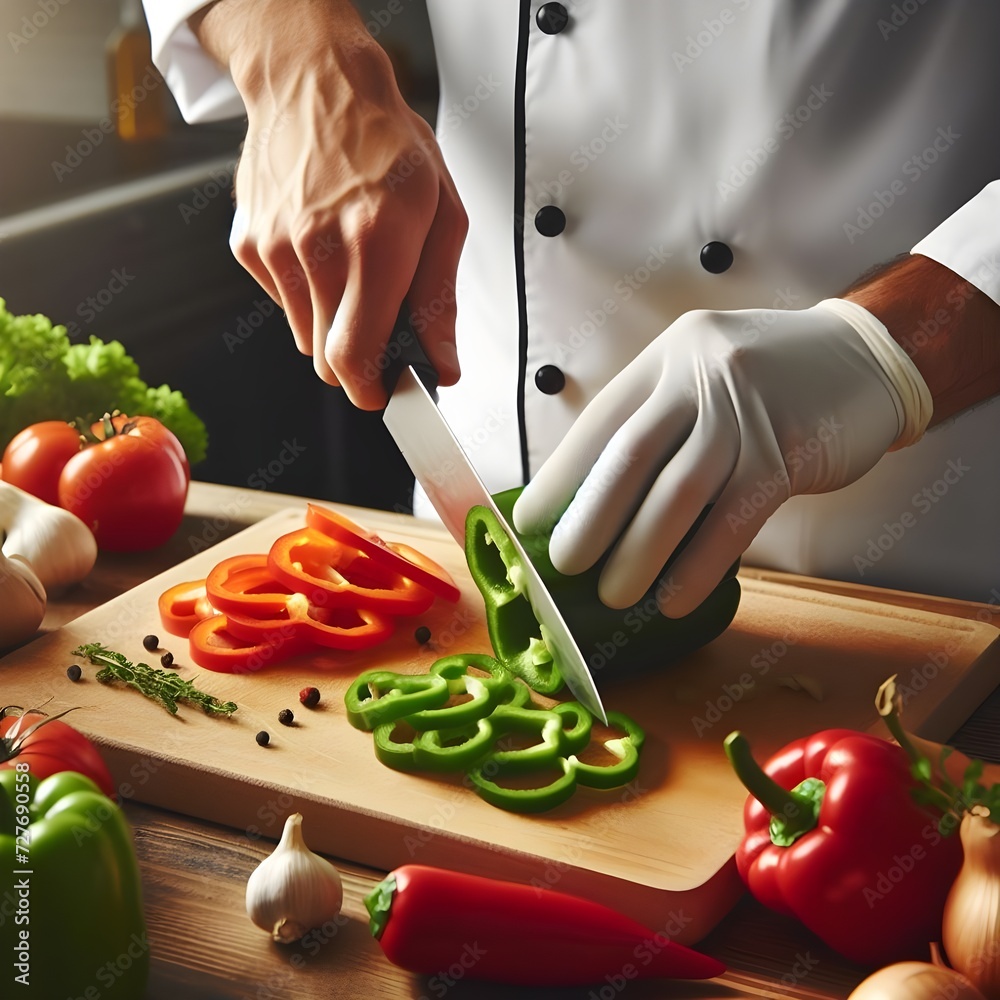 Professional Chef Precisely Chopping Fresh Vegetables in a Commercial Kitchen Professional Chef Precisely Chopping Fresh Vegetables in a Commercial Kitchen