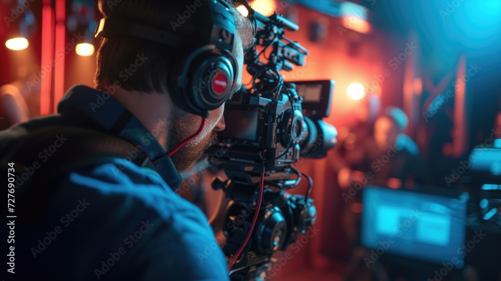 Close up profile headshot photo of Video camera man operator with equipment at night work Close up profile headshot photo of Video camera man operator with equipment at night work