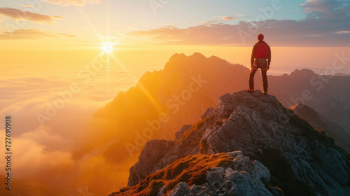 Silhouette of a male climber on a majestic mountain peak with morning sunlight penetrating the morning mist © boxstock production