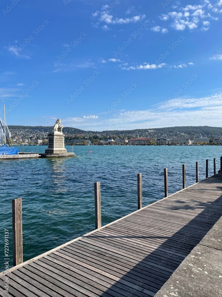 Fototapeta premium Zürichsee mit Denkmal und Steg