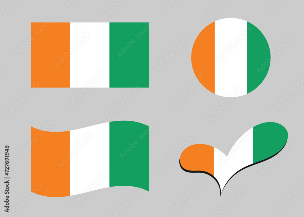 Flag of Ivory Coast. Ivory Coast flag in heart shape. Ivory Coast flag in circle shape. Country flag variations