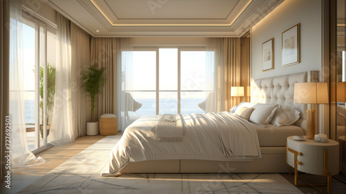 bedroom interior design with sea view and bed