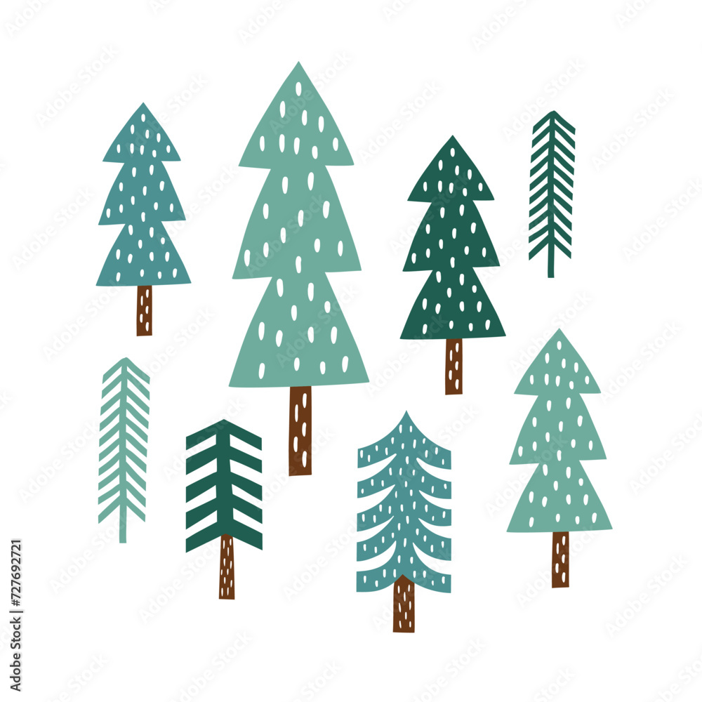 Obraz premium Hand drawn vector cute Scandinavian pine tree forest.