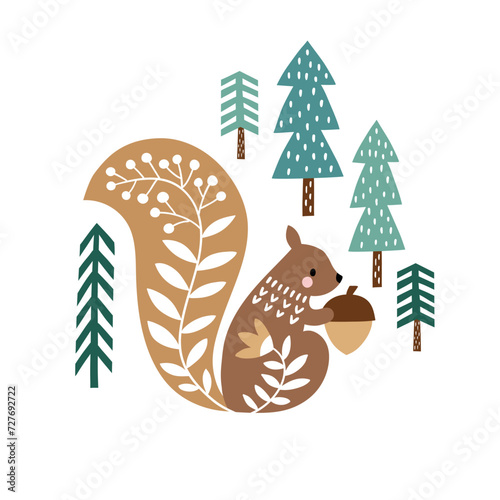 Hand drawn vector Scandinavian woodland illustration with cute squirrel in pine tree forest.