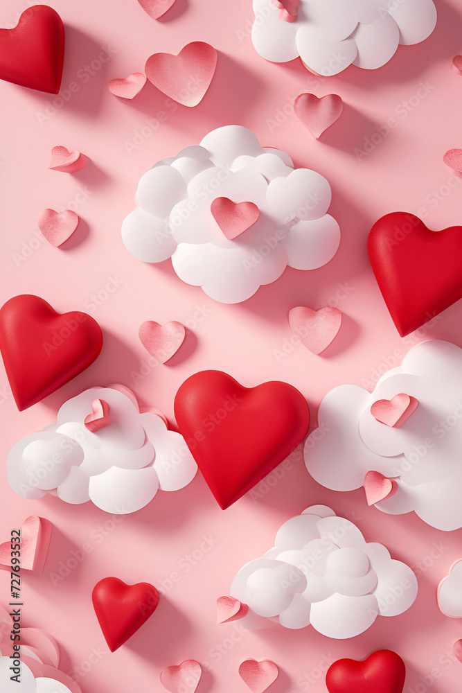 Happy Valentine's Day with paper cut clouds and 3D hearts on a dreamy pink background