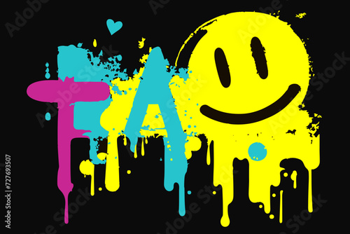 Big graffiti smile emoji. Yellow melting grunge smile. Grunge spray painted smile. Paint streaks vector illustration. Stains and drips. 