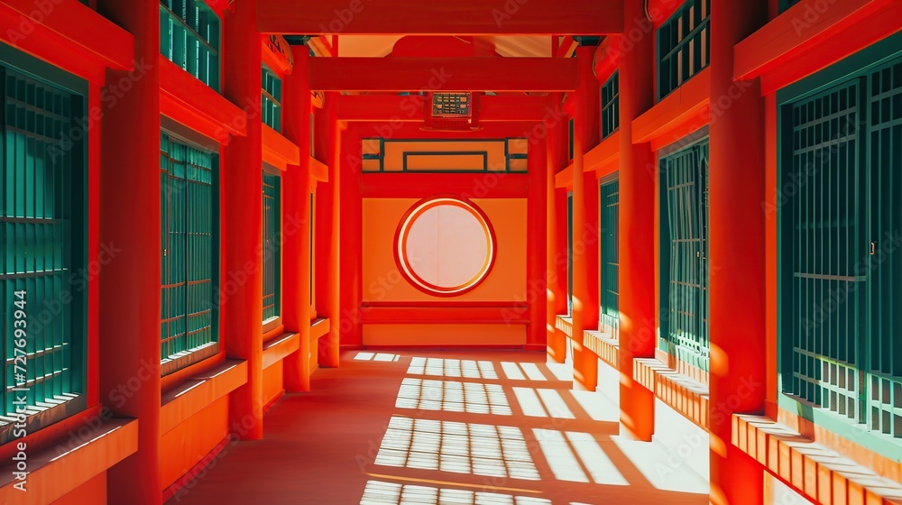 A vibrant vermilion hallway in a traditional Asian architecture style, perfect for cultural themes, architectural backgrounds, and travel content. A vibrant vermilion hallway in a traditional Asian architecture style, perfect for cultural themes, architectural backgrounds, and travel content.