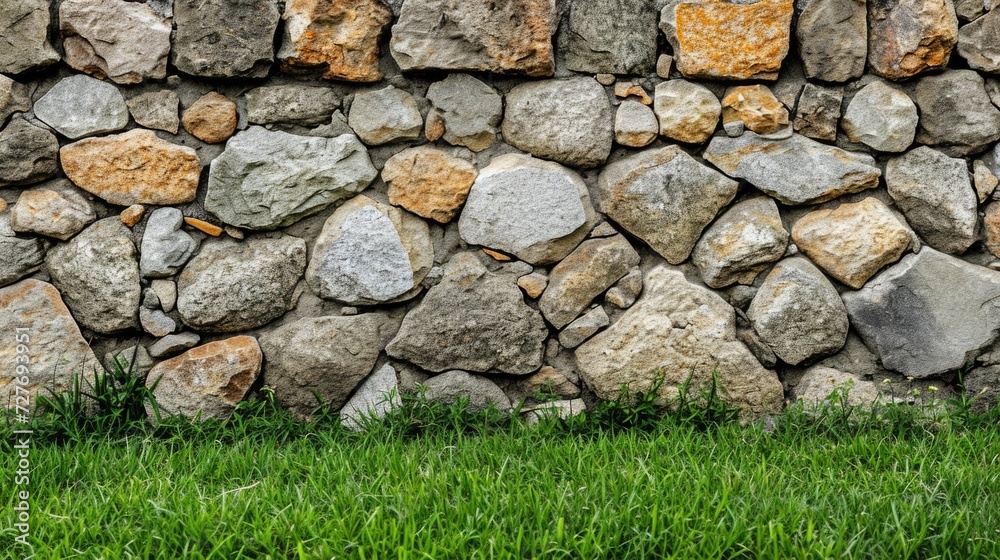 Antique Stone Wall and Green Grass Field Background for Architecture and Decor Antique Stone Wall and Green Grass Field Background for Architecture and Decor