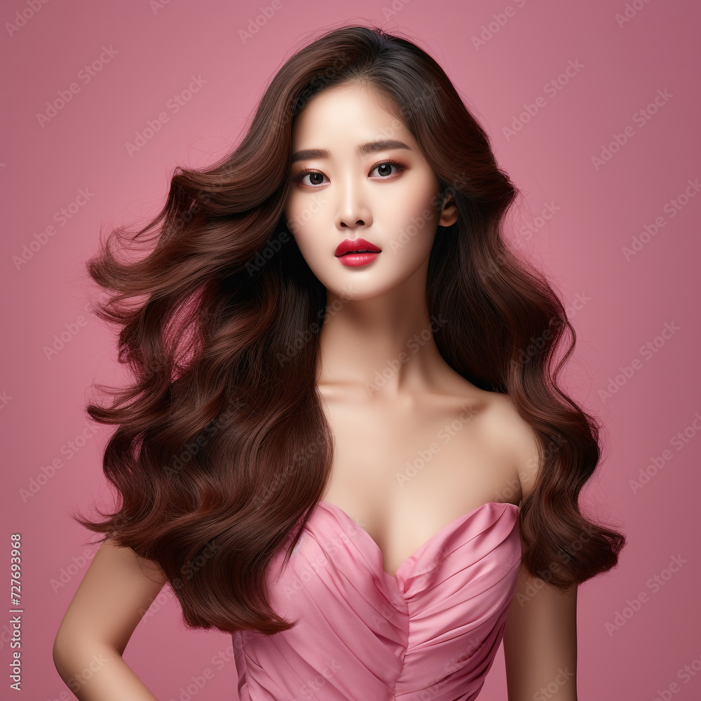Naklejka premium Young Beautiful Model Girl With Long Hair Wearing Pink Color Dress, Smooth Brunette Hairstyle Model, Cute, Innocent, and Attractive Looks Isolated Background, Product Model Advertising, Generative AI.