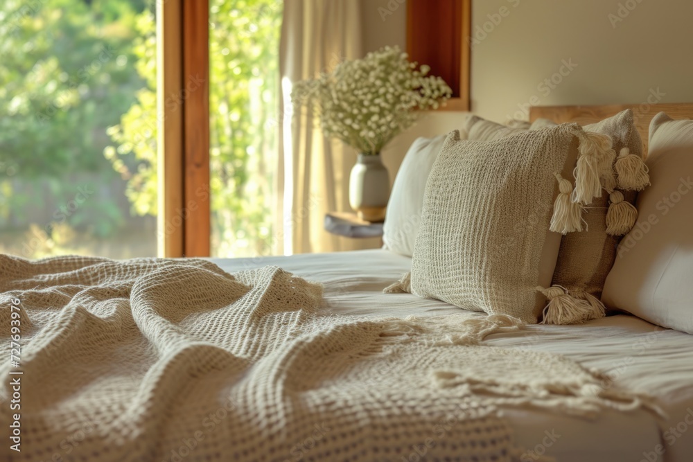 Nature-Inspired Family Retreat: Eco Cotton Linen Blanket Bedding in Spring and Summer Guesthouse