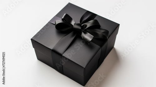 Black gift box with black ribbon on white background. Top view.
