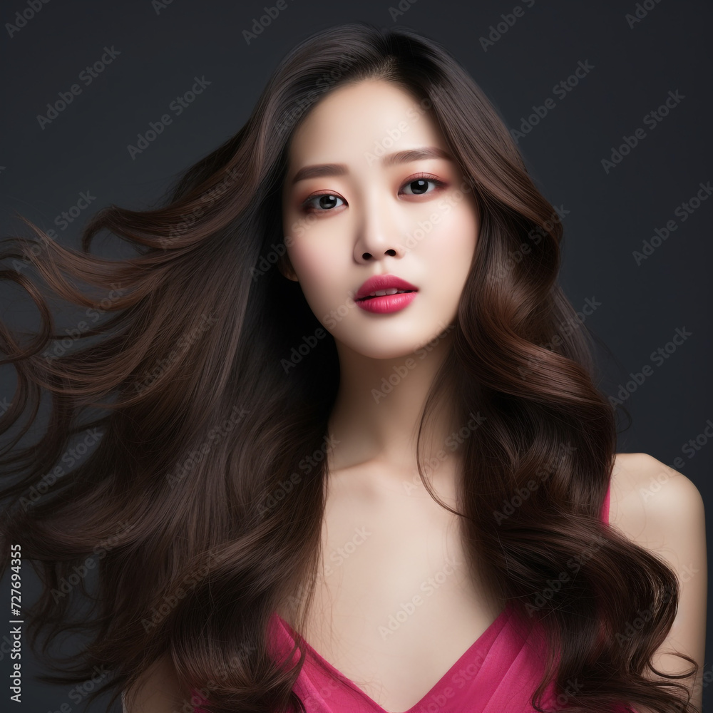Young Beautiful Model Girl With Long Hair Wearing Red Color Dress, Smooth Brunette Hairstyle Model, Cute, Innocent, and Attractive Looks Isolated Background, Product Model Advertising, Generative AI. Young Beautiful Model Girl With Long Hair Wearing Red Color Dress, Smooth Brunette Hairstyle Model, Cute, Innocent, and Attractive Looks Isolated Background, Product Model Advertising, Generative AI.