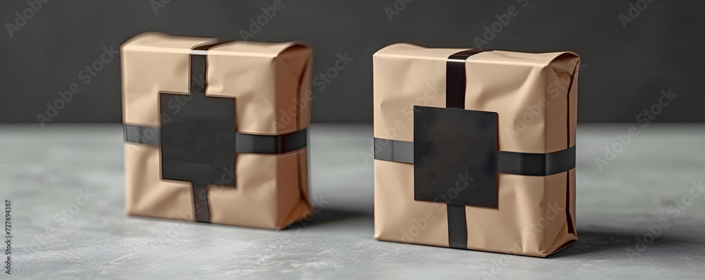 Obraz premium Craft boxes with black ribbons. Black card.