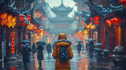A person in a yellow jacket stands out amidst a traditional Eastern street scene on a rainy day, perfect for travel and cultural exploration themes.