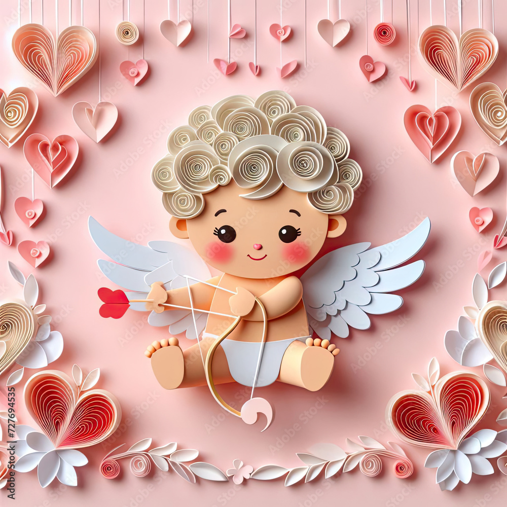 Valentine's day greeting card with cute cupid on pink background. Quilling paper card.