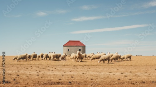 Sheep gathered near a barn in a dry field, depicting rural farm life and livestock management, ideal for agricultural content and country living themes.