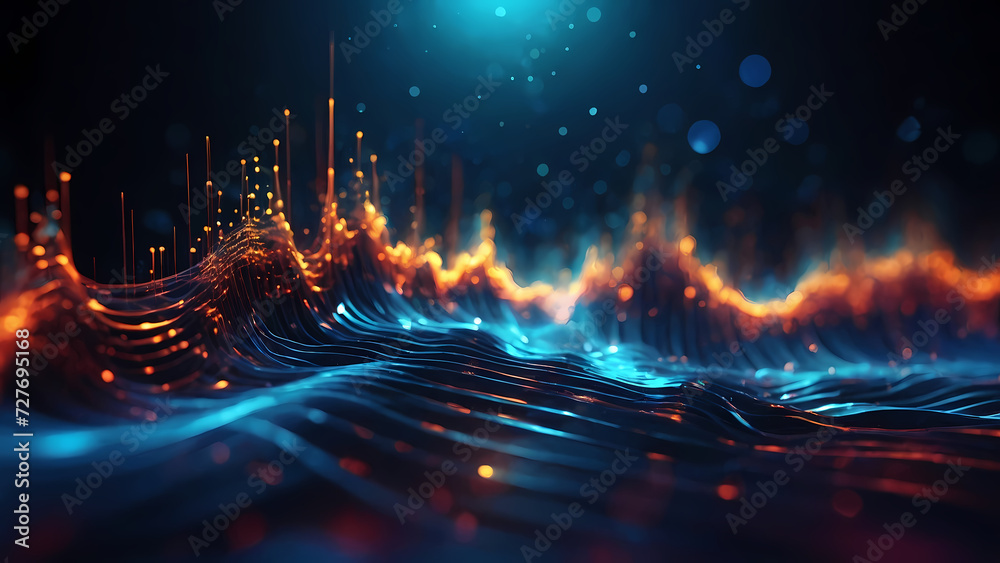 Acoustic waveforms illustrated by bright azure particles, showcasing the acoustic journey in vibrant visuals.