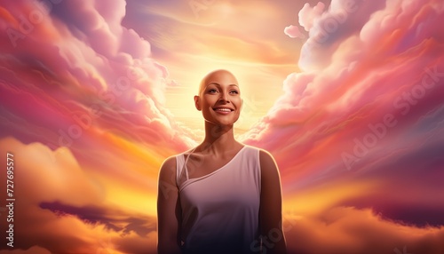 A woman without hair stands smiling among rainbow clouds, symbolizing hope and faith in the world day of defeating cancer.