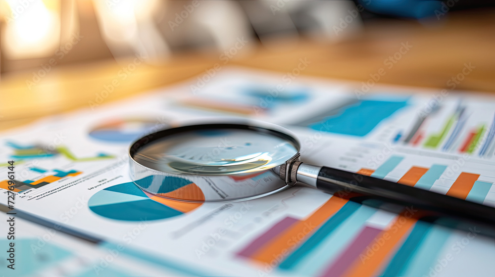 Magnifying glass on statistics concept. Analyzing Financial Strategies: Business Audit, Stock Management, Data Analysis, and Profit Research with Graphs Magnifying glass on statistics concept. Analyzing Financial Strategies: Business Audit, Stock Management, Data Analysis, and Profit Research with Graphs