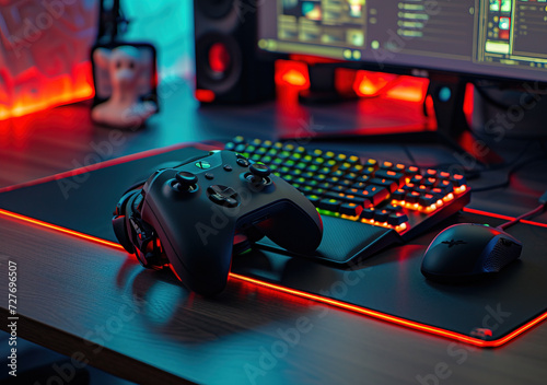 Computer for gaming Gaming equipment, black table Joy playing games, Colorful neon lights, gaming space