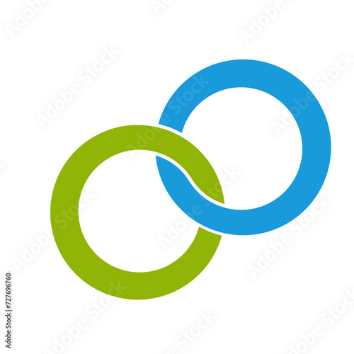 Rings interlocking, together, connected, click, eco, blue, green, geometric, abstract, round, circles, circulating, repeating, eight, logo,