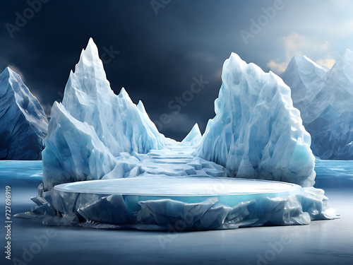 Podium glacier cool ice background stage landscape icy stand 3d water nature pedestal arctic concept cave. photo