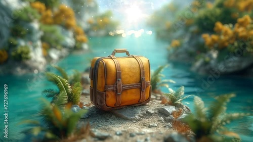 Travel bag on sea and tropical landscape photo