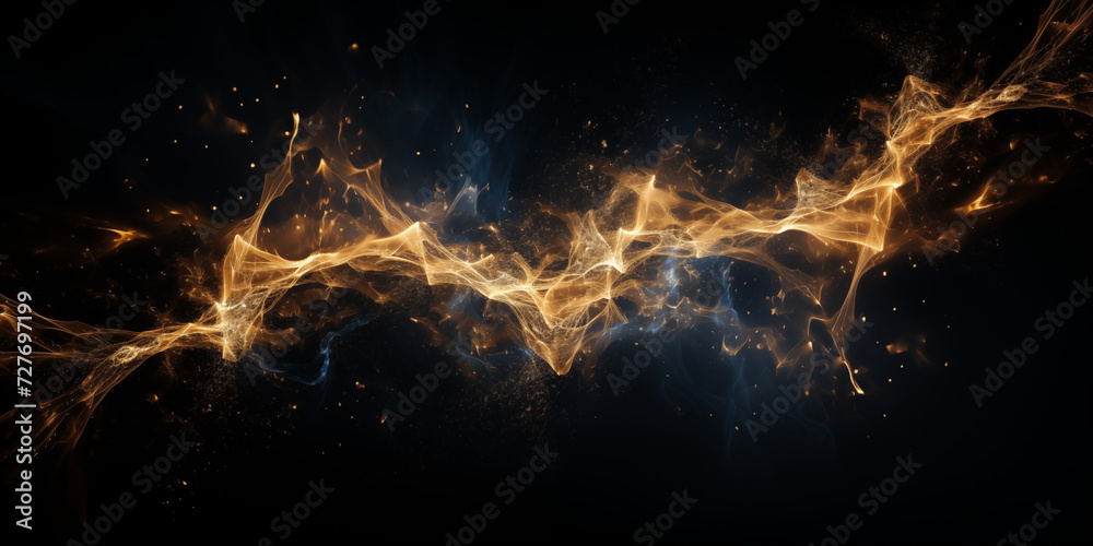 A bright splash explosion of a two-color victorious light flash with golden particles on a black background