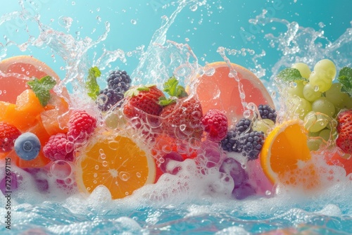 Fresh Assorted Fruits Splashing in Water Against a Blue Background