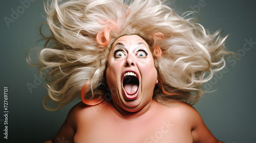 Grosse femme laide hurlant avec les yeux exorbités photo