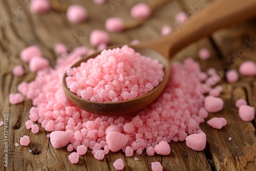 Close-Up of a Spoon Scooping Pink Himalayan Salt Crystals on a Textured Surface