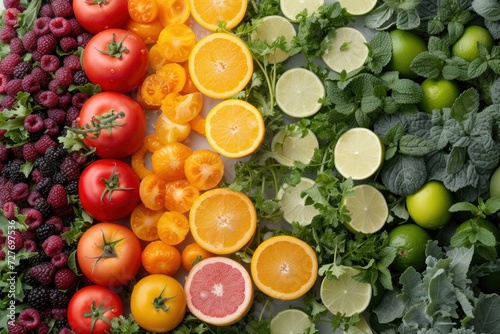 Fresh Assortment of Vegetables and Fruits Displayed in Gradient Rainbow Colors