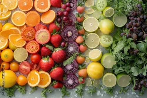 Fresh Assortment of Vegetables and Fruits Displayed in Gradient Rainbow Colors