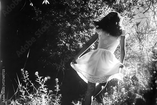 Photo argentique noir et blanc d'une fille courant dans la campagne photo