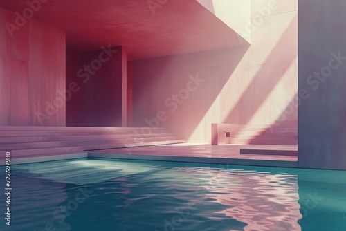 Surreal waters bathe architectural beauty in a pastel sunrise, where light dances with shadows in a serene, modern oasis.