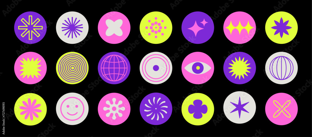 Set of retro futuristic design elements. 1990s-2000s, Y2k retro aesthetic. Vector illustration. Isolated dark background Set of retro futuristic design elements. 1990s-2000s, Y2k retro aesthetic. Vector illustration. Isolated dark background