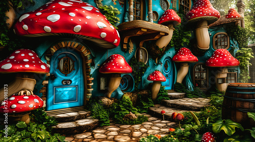 Village avec des maison en champignon  univers enfantin de dessin anim  