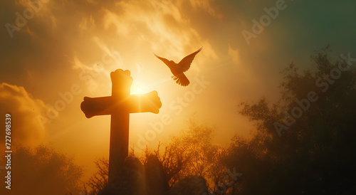 A dove flying over a Christian cross, concept of peace and resurrection, religious background for easter and christmas photo