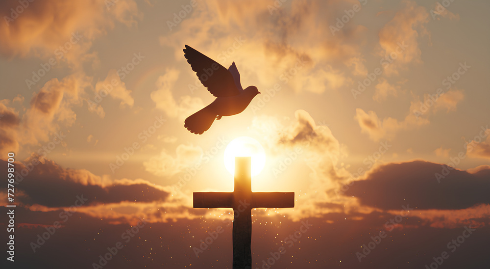 A dove flying over a Christian cross, concept of peace and resurrection, religious background for easter and christmas - obrazy, fototapety, plakaty 