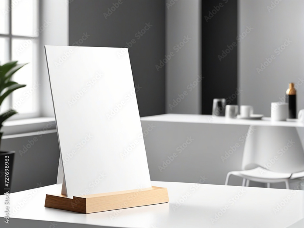 Blank white label stand on table. Empty rectangle information board, stand for advertising, text, price, menu, card holder with abstract blurred modern open interior space. Mockup
